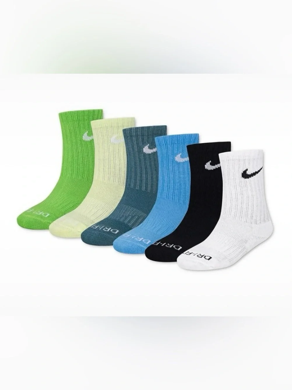 Nike 6-Pack boys Crew Socks Green, Lime, Teal, Blue, Black & White size 10C-3Y